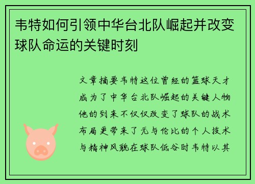 韦特如何引领中华台北队崛起并改变球队命运的关键时刻